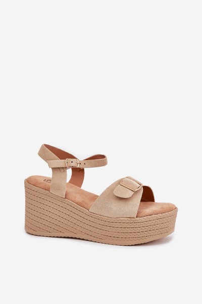 Wedge Heeled Sandals With Buckle Khaki Liniella 2