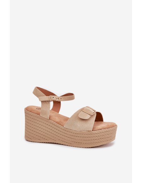 Wedge Heeled Sandals With Buckle Khaki Liniella