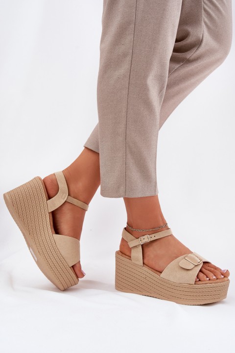 Wedge Heeled Sandals With Buckle Khaki Liniella
