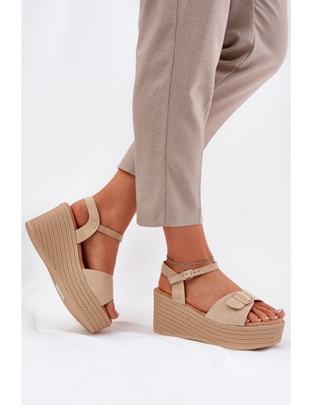 Wedge Heeled Sandals With Buckle Khaki Liniella