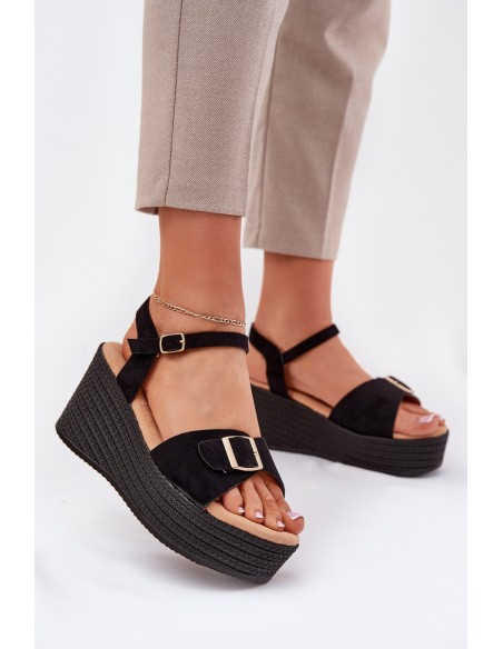 Wedge Sandals For Women With Buckle Black Liniella