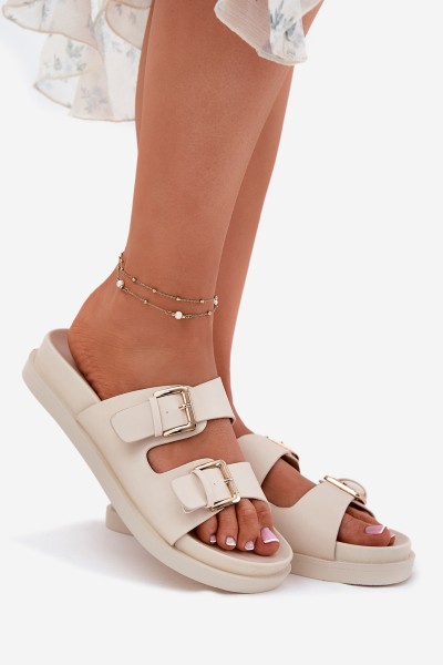 Women's Slippers With Golden Buckles Beige Sonarea