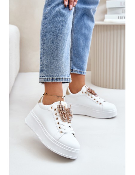 Women's Platform Sneakers With Butterfly White-Gold Naritevia