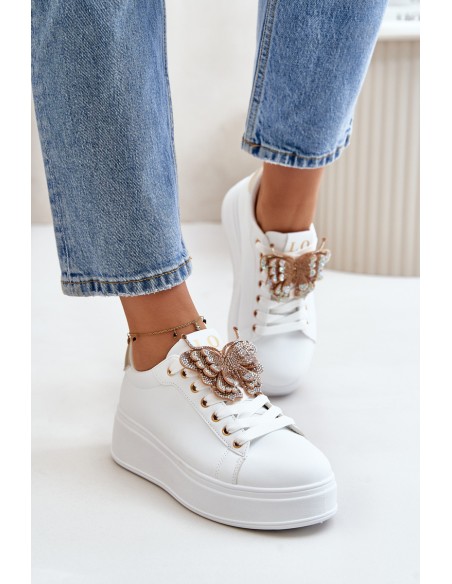 Women's Platform Sneakers With Butterfly White-Gold Naritevia