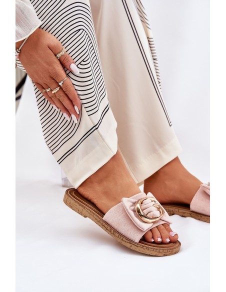 Lygiapadžiai moteriški šlepetės su dekoratyvinėmis detalėmis rožinės spalvos Nellodra