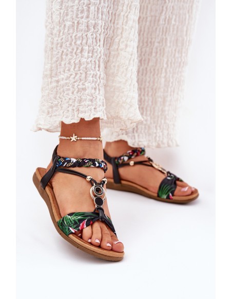 Flat Women's Sandals With Woven Strap And Decoration Black Artiker 56C1318
