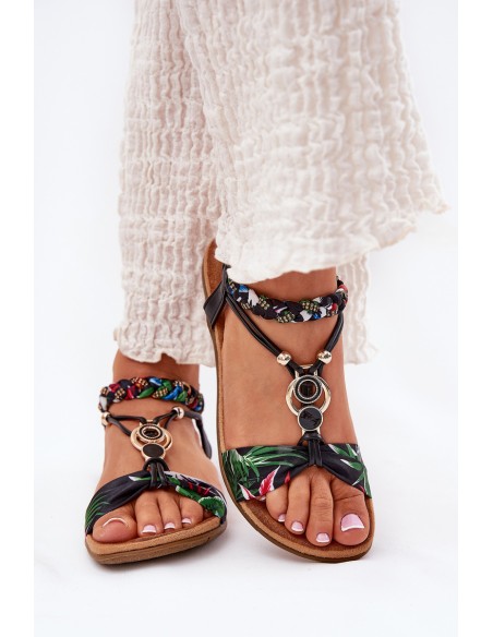 Flat Women's Sandals With Woven Strap And Decoration Black Artiker 56C1318