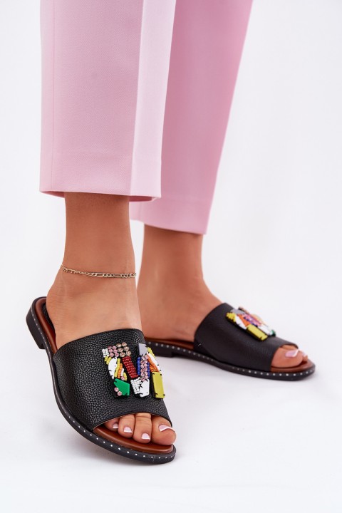 Moteriškos basutės plokščiu kulnu su dekoracijomis, juodos Clelione