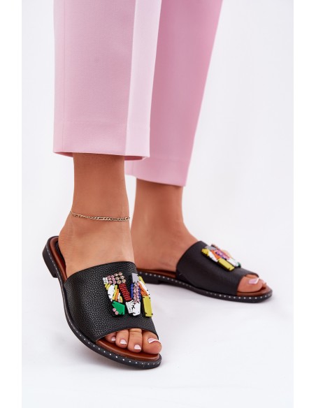 Womens sandals on flat heel with decoration black Clelione