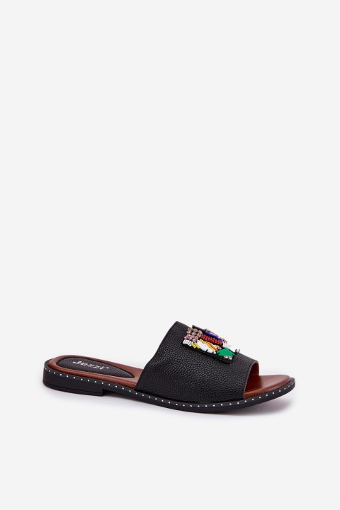 Womens sandals on flat heel with decoration black Clelione