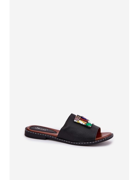 Moteriškos basutės plokščiu kulnu su dekoracijomis, juodos Clelione