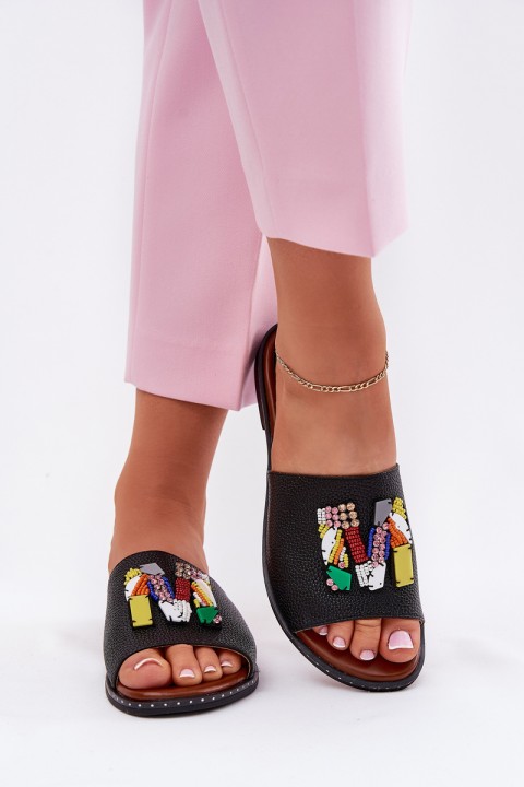 Womens sandals on flat heel with decoration black Clelione