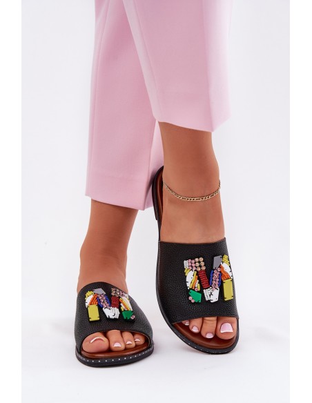 Womens sandals on flat heel with decoration black Clelione
