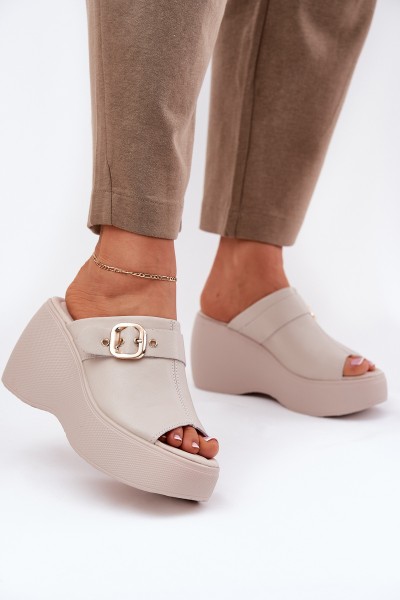 Leather Women's Sandals On Platform And Wedge With Buckle Beige S.Barski LR51-542