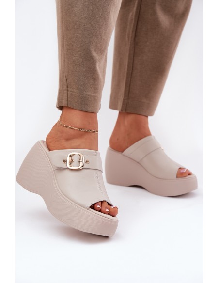 Leather Women's Sandals On Platform And Wedge With Buckle Beige S.Barski LR51-542