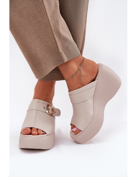 Leather Women's Sandals On Platform And Wedge With Buckle Beige S.Barski LR51-542