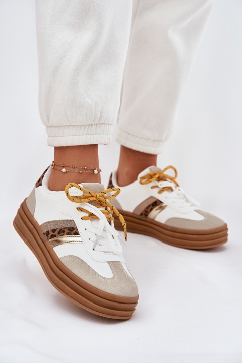 Moteriški platforminiai sportbačiai su dvigubais raišteliais ir leopardo raštu, balti, Niteria