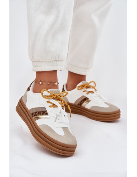 Womens Platform Sneakers With Double Lacing Leopard Print White Niteria