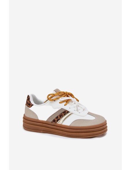 Womens Platform Sneakers With Double Lacing Leopard Print White Niteria