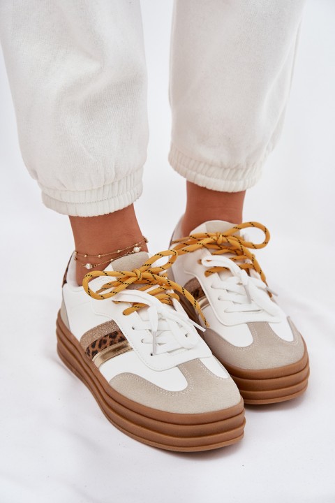 Womens Platform Sneakers With Double Lacing Leopard Print White Niteria
