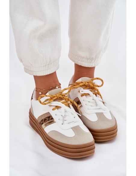 Womens Platform Sneakers With Double Lacing Leopard Print White Niteria