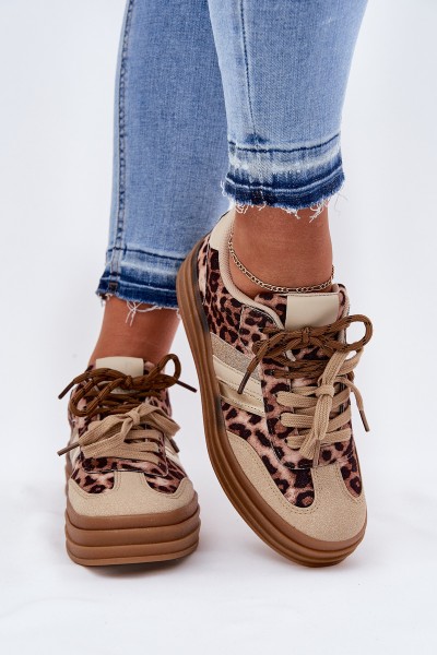 Women's Platform Sneakers With Double Lacing Leopard Beige Niteria