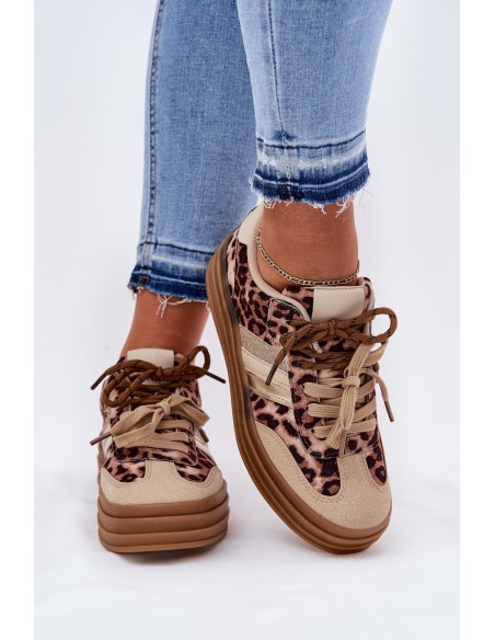 Women's Platform Sneakers With Double Lacing Leopard Beige Niteria