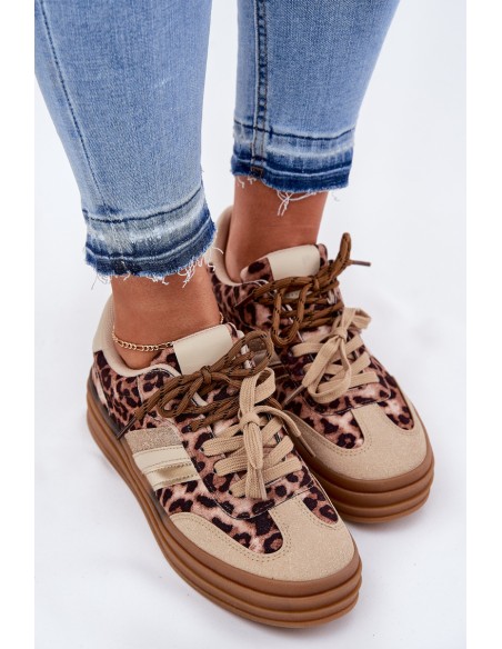 Women's Platform Sneakers With Double Lacing Leopard Beige Niteria