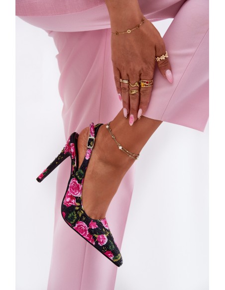Embellished High Heels Sandals With Roses Black Vevessa