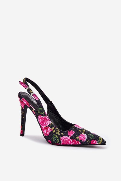 Embellished High Heels Sandals With Roses Black Vevessa 2