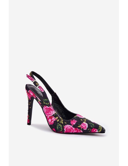 Embellished High Heels Sandals With Roses Black Vevessa