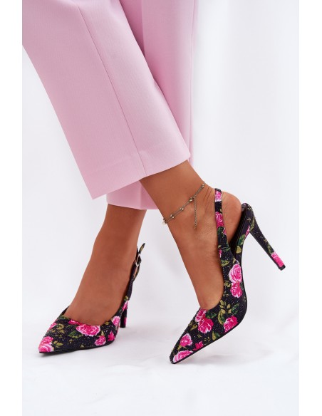 Embellished High Heels Sandals With Roses Black Vevessa