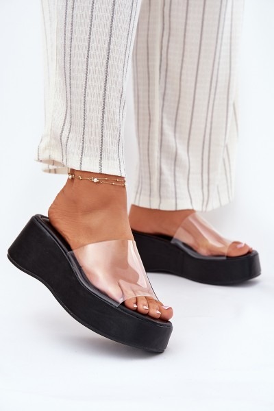 Womens sandals with transparent strap on wedge black Meltiana
