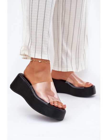 Womens sandals with transparent strap on wedge black Meltiana