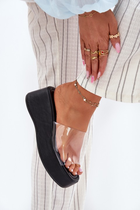 Womens sandals with transparent strap on wedge black Meltiana