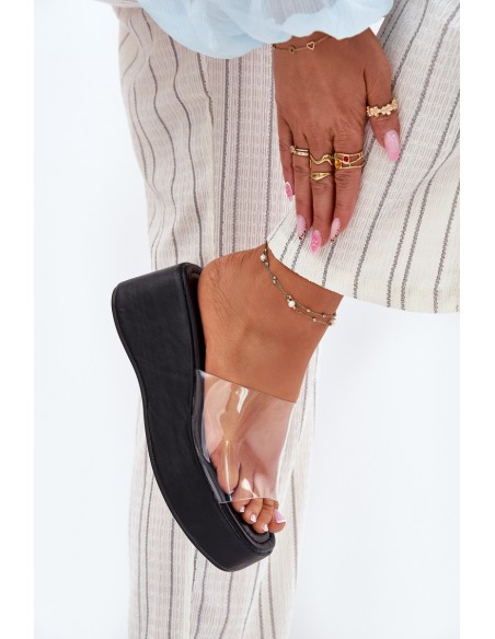 Womens sandals with transparent strap on wedge black Meltiana