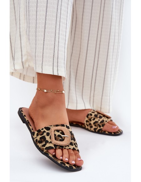 Flat Women's Slippers With Decorative Buckle Leopard Clariola
