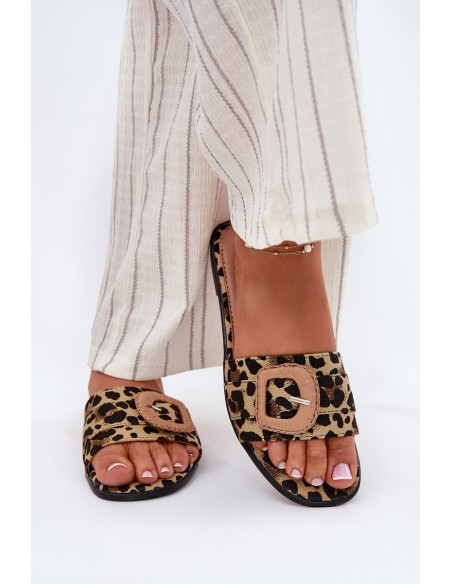 Flat Women's Slippers With Decorative Buckle Leopard Clariola