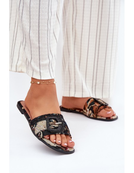 Flat Women's Slippers With Decorative Buckle Black Clariola