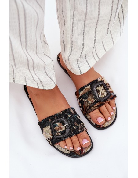Flat Women's Slippers With Decorative Buckle Black Clariola