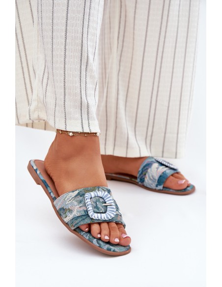Flat Women's Slippers With Decorative Buckle Blue Clariola