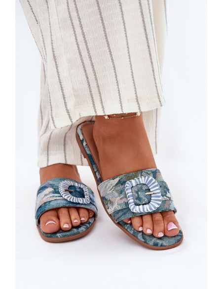 Flat Women's Slippers With Decorative Buckle Blue Clariola