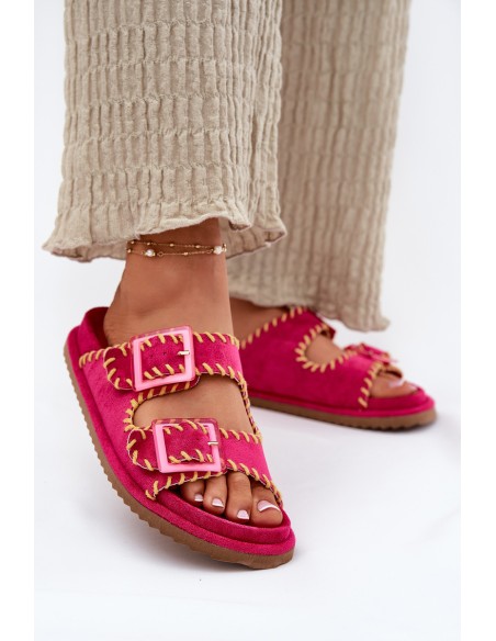 Ladies Slippers With Buckles And Decorative Trimming Fuchsia Visley