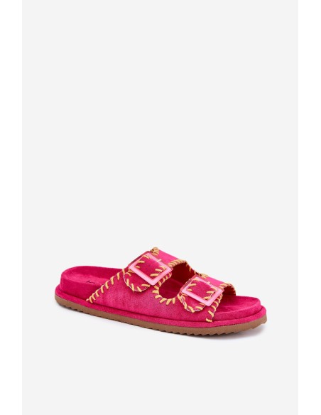 Ladies Slippers With Buckles And Decorative Trimming Fuchsia Visley