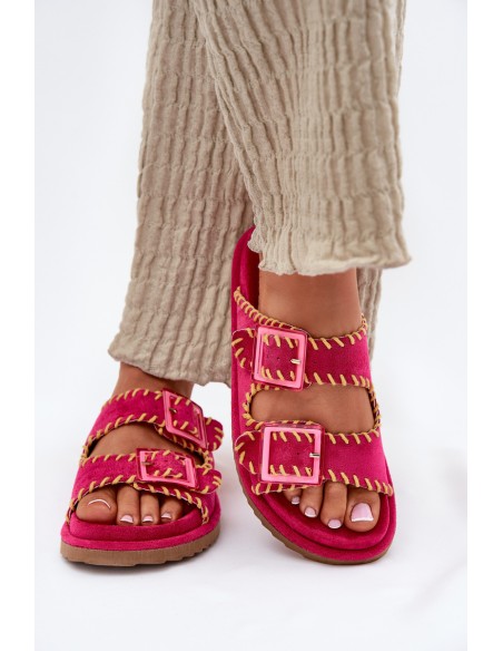 Ladies Slippers With Buckles And Decorative Trimming Fuchsia Visley