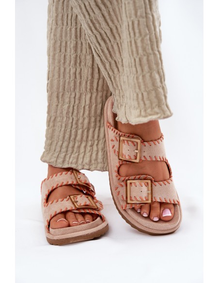 Women's Sandals With Buckles And Decorative Stitching Beige Visley