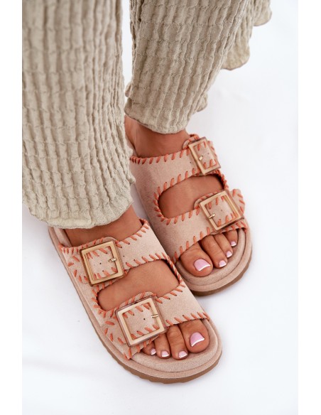 Women's Sandals With Buckles And Decorative Stitching Beige Visley