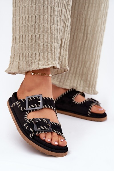 Women's Sandals With Buckles And Decorative Stitching Black Visley