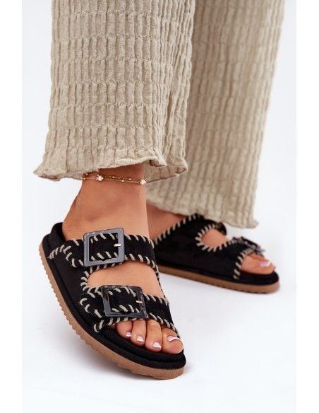 Women's Sandals With Buckles And Decorative Stitching Black Visley