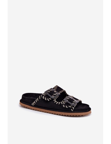 Women's Sandals With Buckles And Decorative Stitching Black Visley